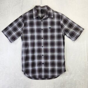 RVCA Mens Medium Plaid Short Sleeve Button Up Shirt Charcoal Grey Blue Pocket
